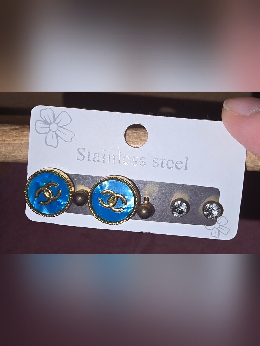 Stainless Steel Gold Tone Earrings 2 Sets Of 3 Blue Style C & Pink Clovers